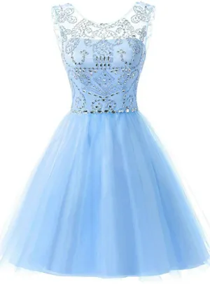 A-Line Blue Tulle Beading Backless Homecoming Dress