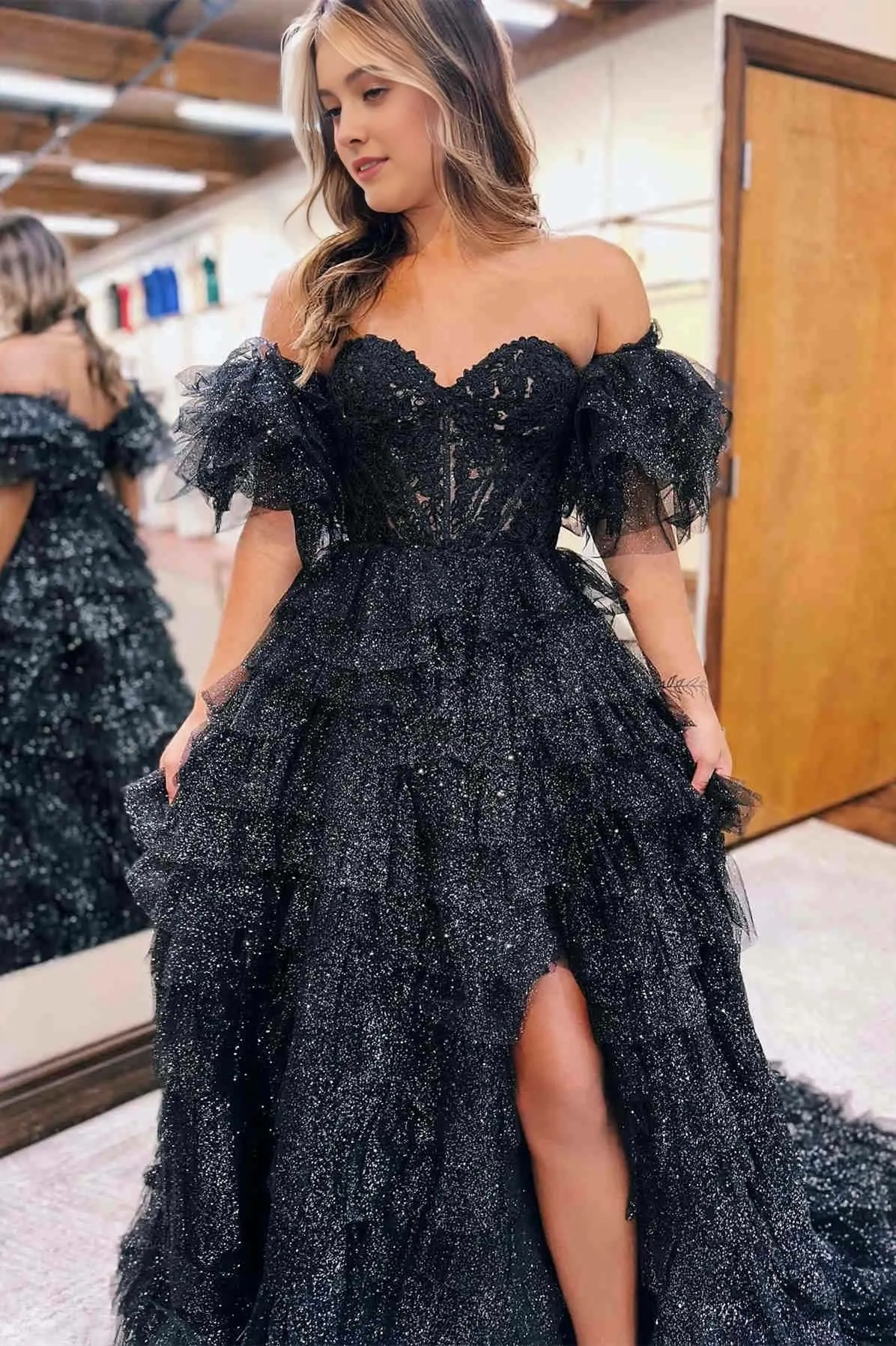 A line Off-the-Shoulder Glitter Tulle Prom Dress with Slit