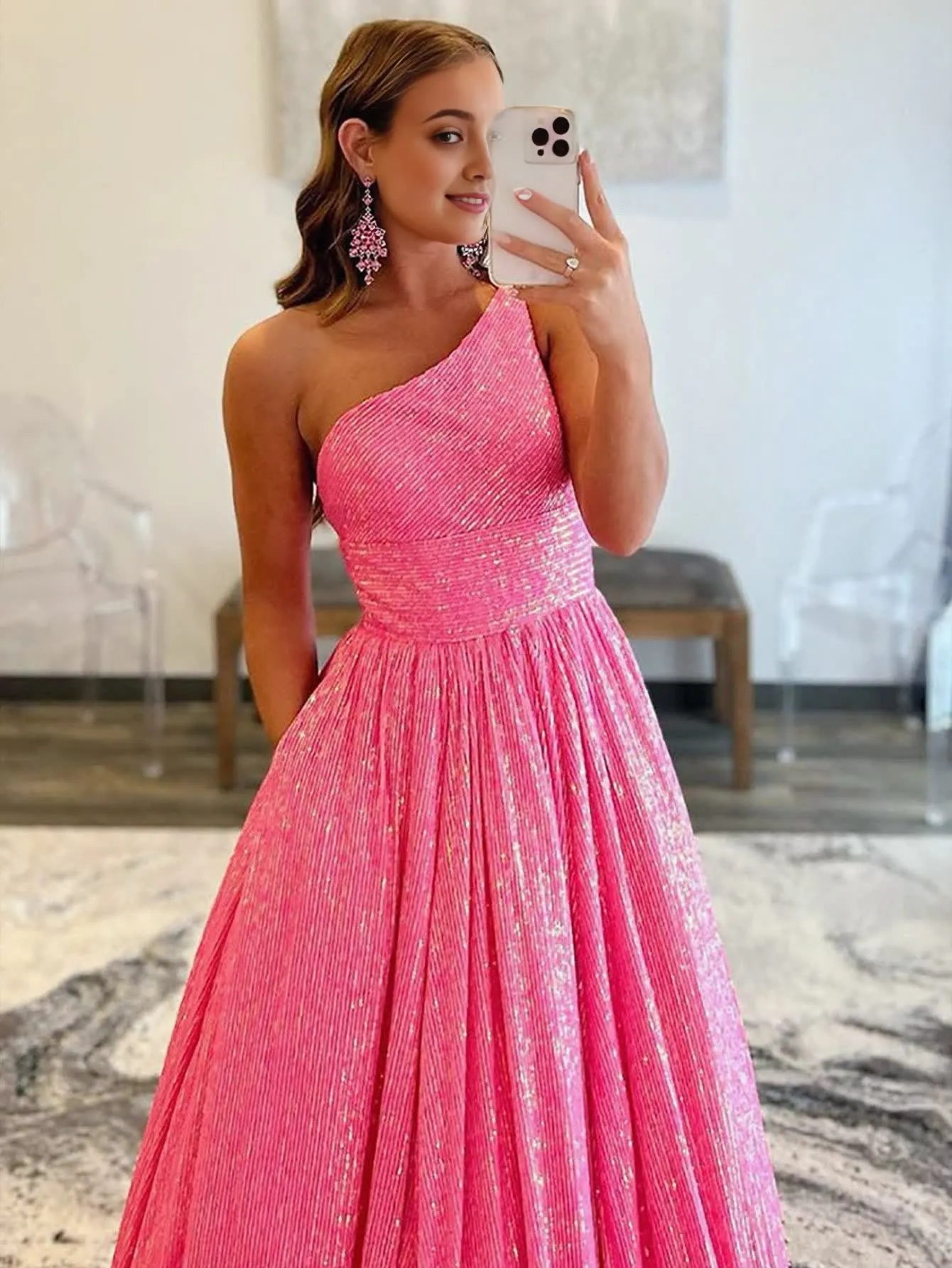 A-Line One Shoulder Sequins Prom Dress with Pockets