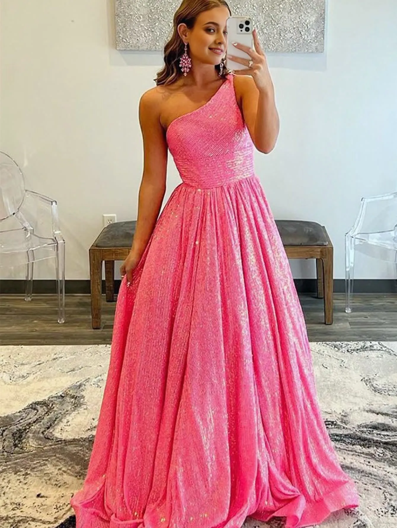 A-Line One Shoulder Sequins Prom Dress with Pockets