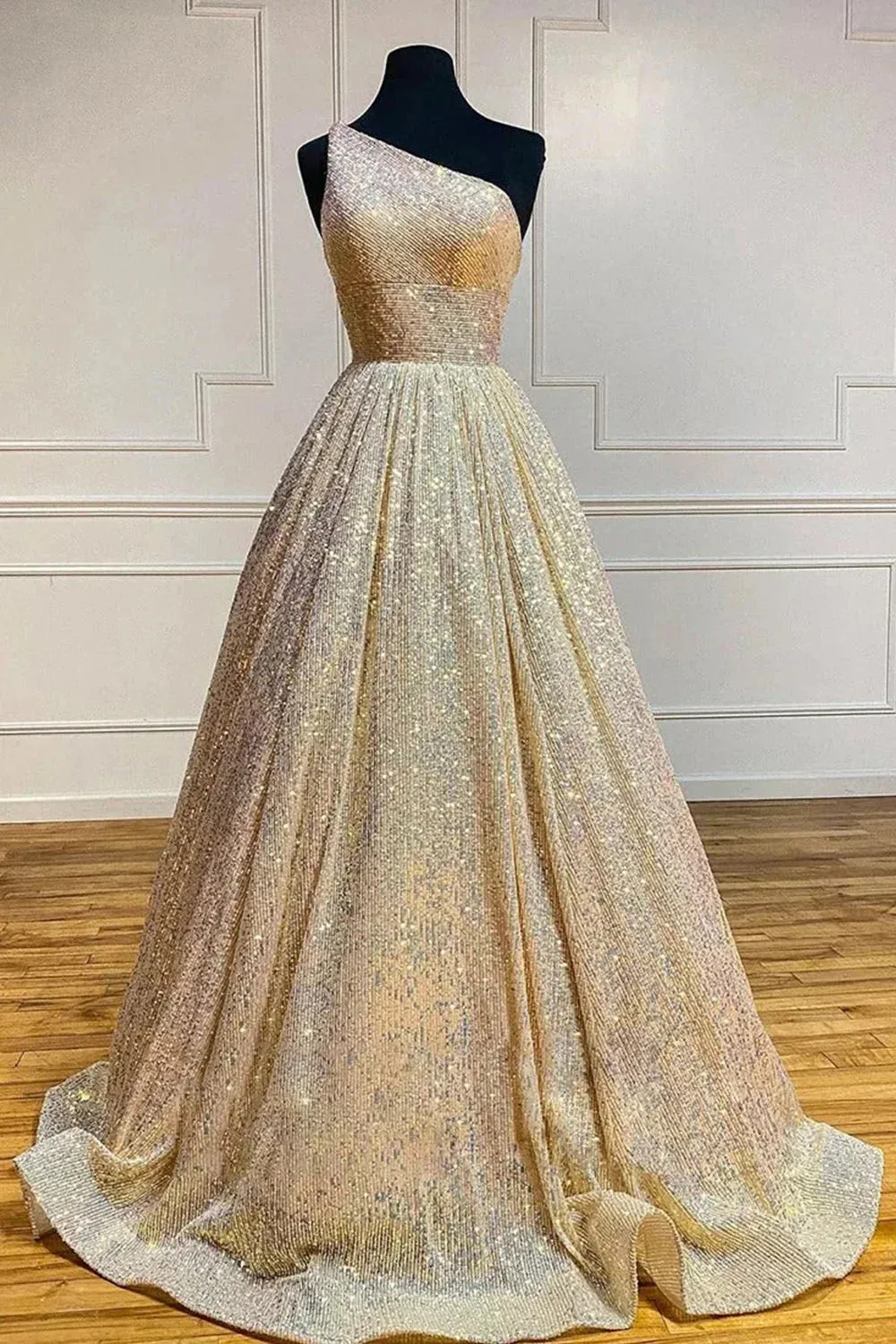 A-Line One Shoulder Sequins Prom Dress with Pockets