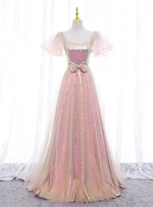 A-line Pink Sequins Puff Sleeve Prom Dress