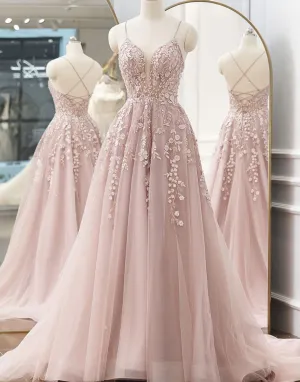 A-line Spaghetti Straps Tulle Prom Dress with Appliques