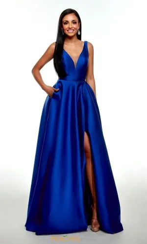 ALYCE PARIS 1704 Royal Blue V-Neck A-Line Dress with Slit