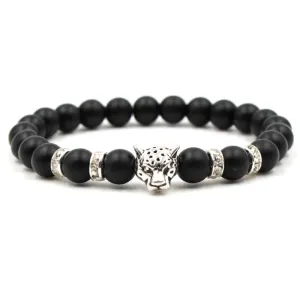 Black Onyx Matte Stone Silver Leopard Bracelet