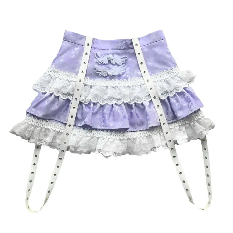 Blood Supply Salvation Gothic Punk Jacquard Buckle White Lace Lace Purple Short Cake Skirt