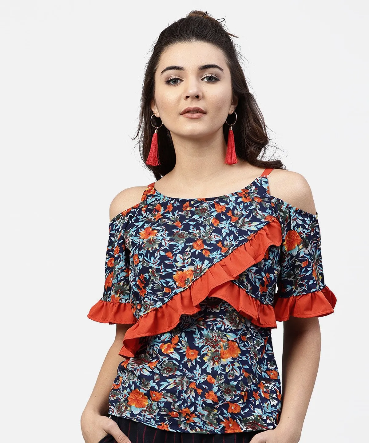 Blue Floral Printed Top With Round Neck And Cold Shoulders