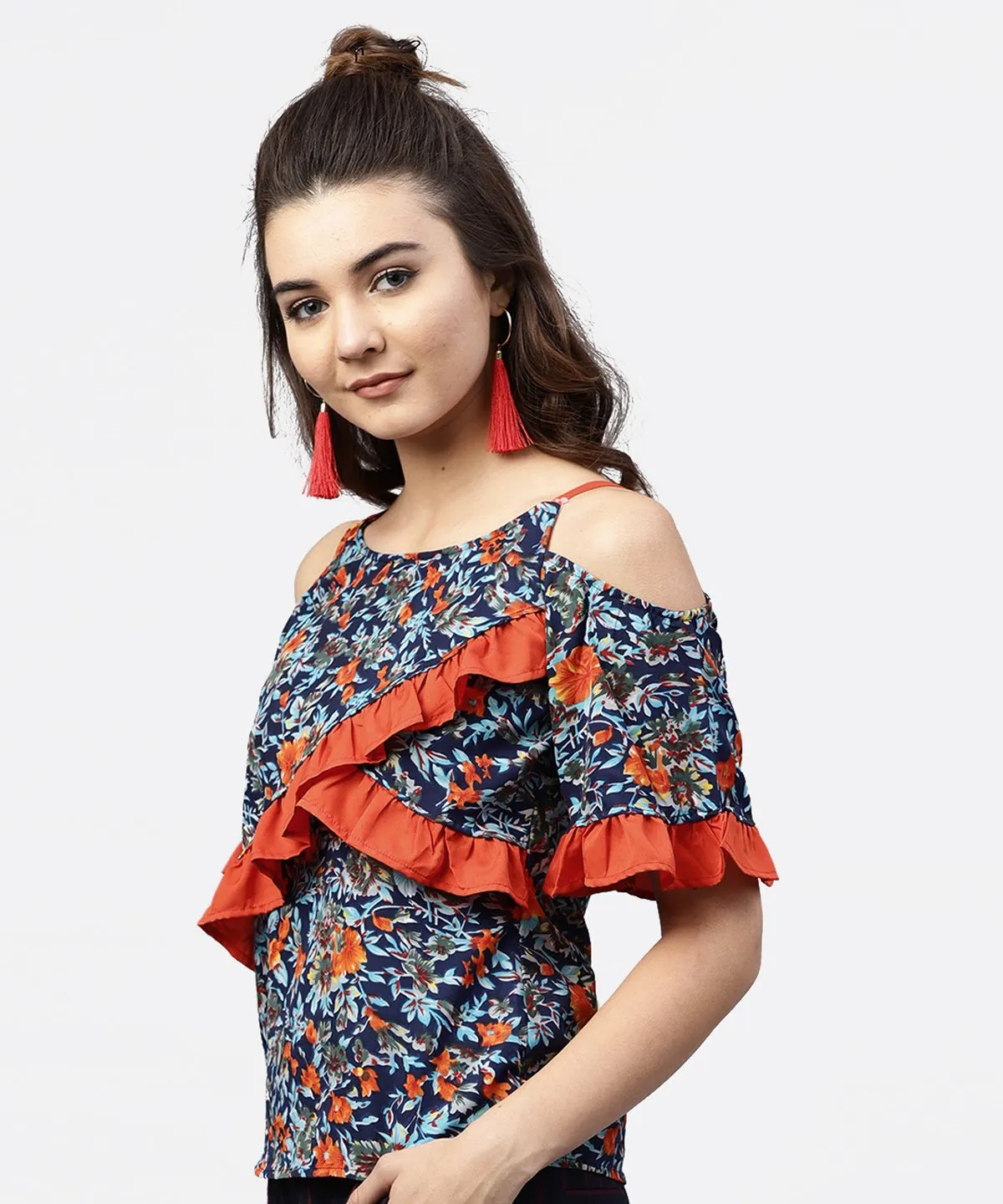 Blue Floral Printed Top With Round Neck And Cold Shoulders
