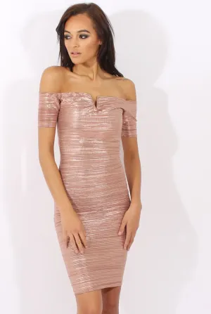 Bronze Metallic Pleated Bardot V Front Midi Dress - Lucia