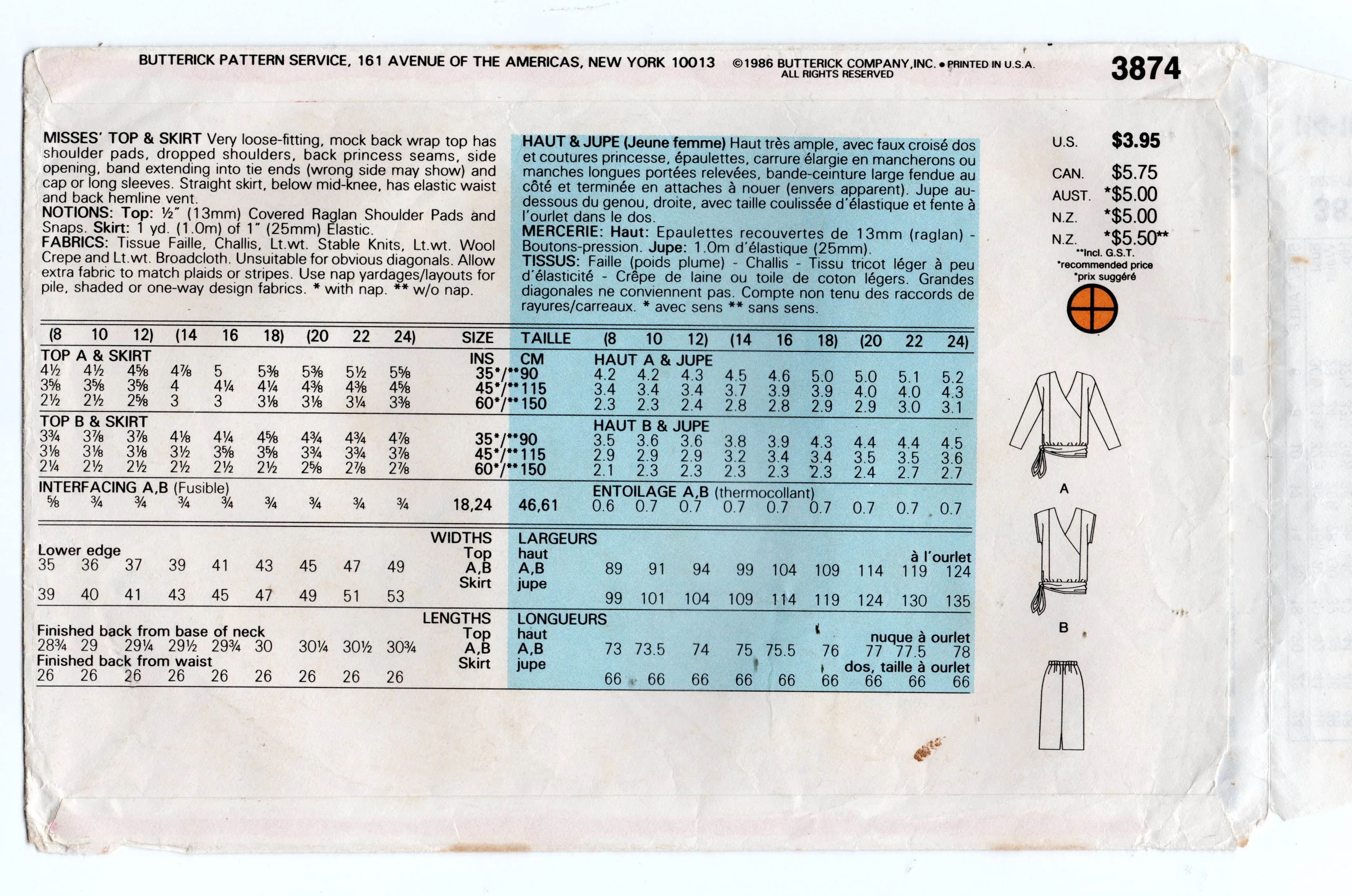 Butterick 3874 Womens Back Wrap Blouse & Skirt 1980s Vintage Sewing Pattern Size 14 Bust 36 inches