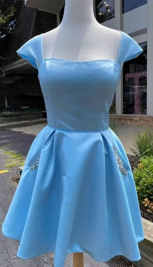 Cap Sleeves Light Blue Satin Short Homecoming Dress With Beaded Bodice