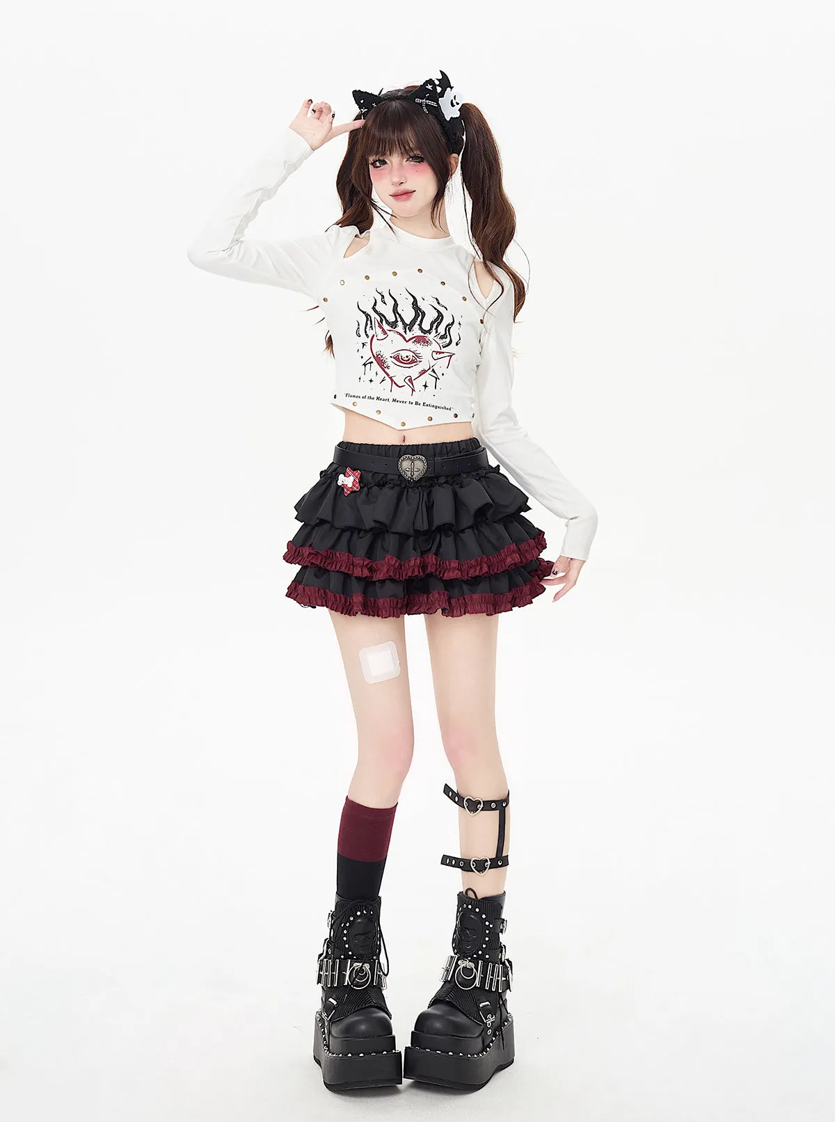 Crazy Girl Dark Abby Punk Red Black Ruffle Short Skirt