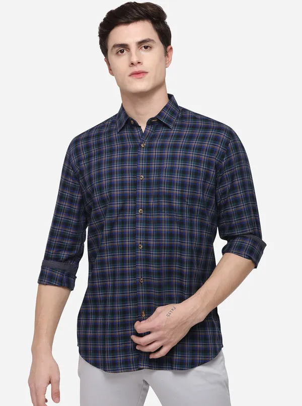 Dark Blue Checked Tailored Fit Casual Shirt | JadeBlue