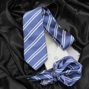 Kovove The Blue Ocean Striped Blue Necktie and Pocket Square Gift Box