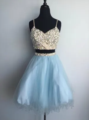 Light blue tulle two pieces beaded short homecoming dress