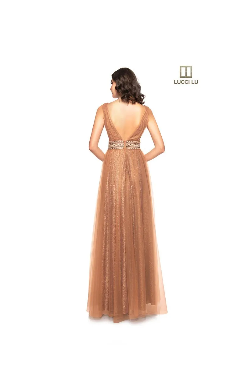 Lucci Lu 28018 Bronze Sequin Tulle A-Line Dress