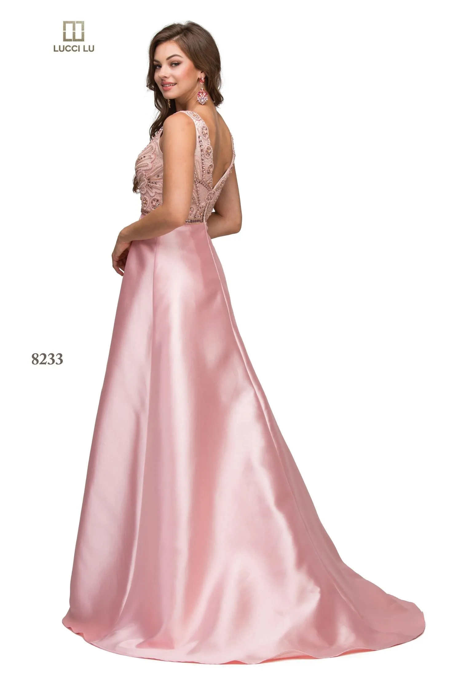 Lucci Lu 8233 Blush Pink Fitted Mikado Dress with A-Line Overskirt