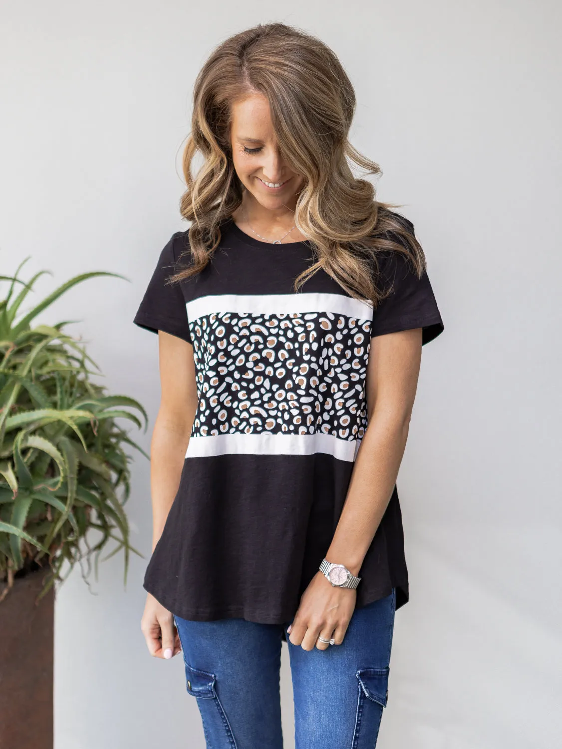 Maggie Leopard Tee - Black with White Stripe