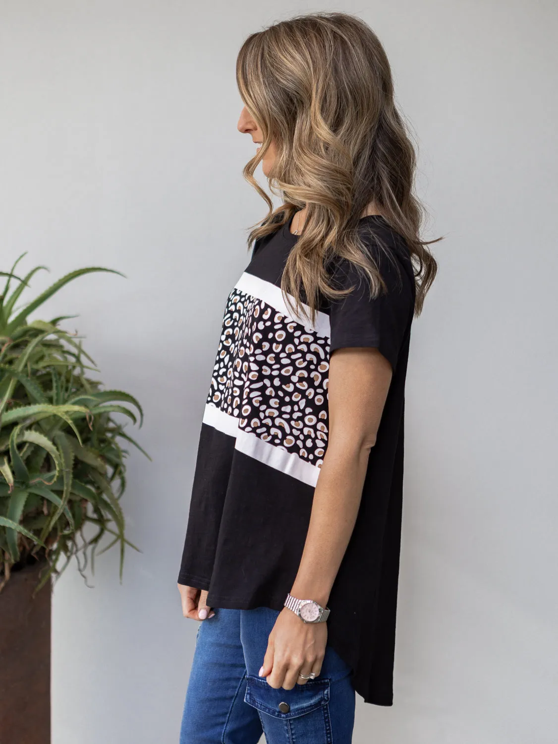 Maggie Leopard Tee - Black with White Stripe