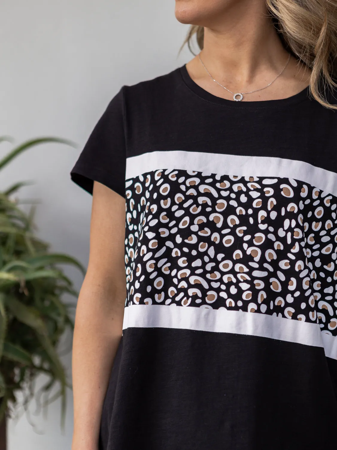 Maggie Leopard Tee - Black with White Stripe