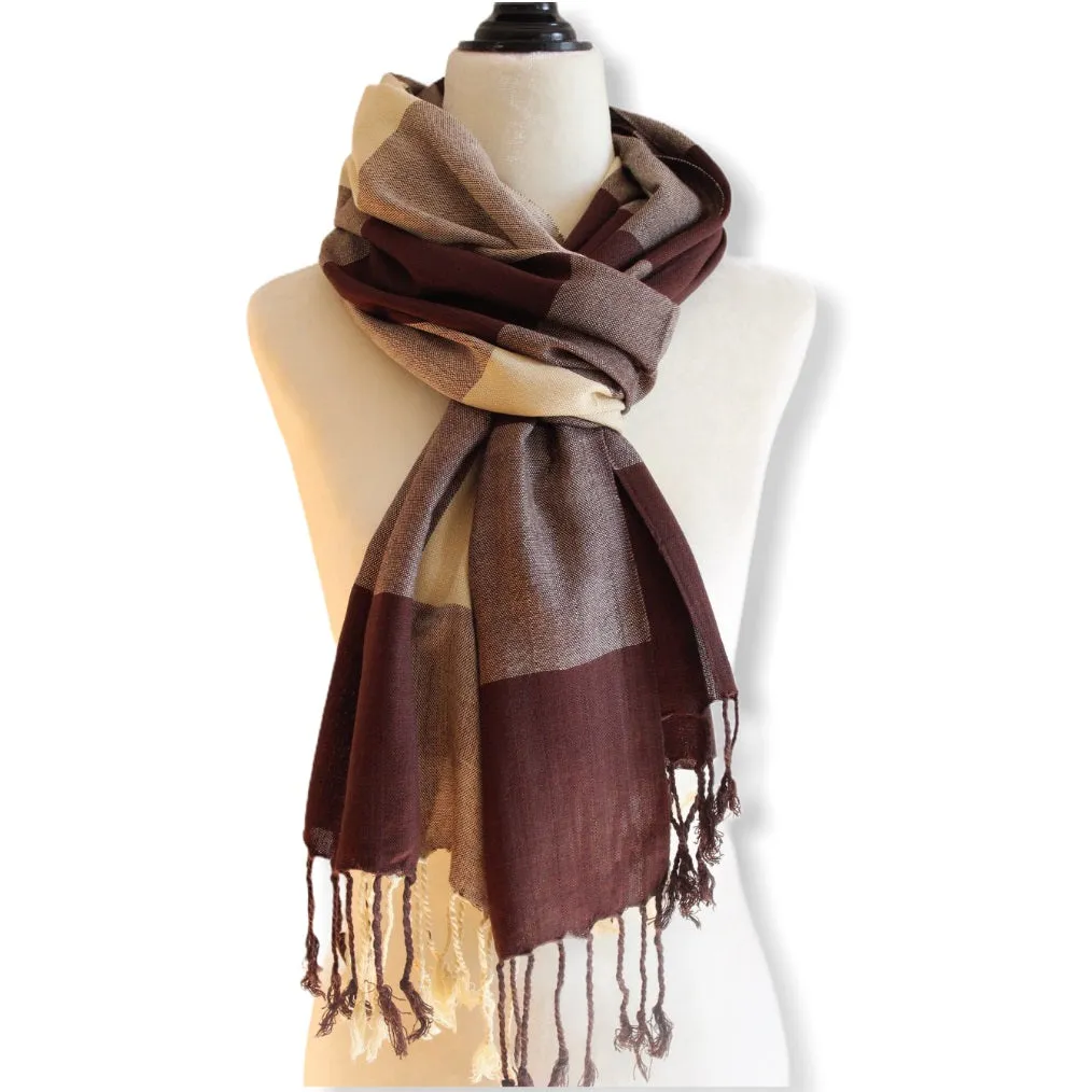 Plaid Handwoven Scarf - Beige & Brown