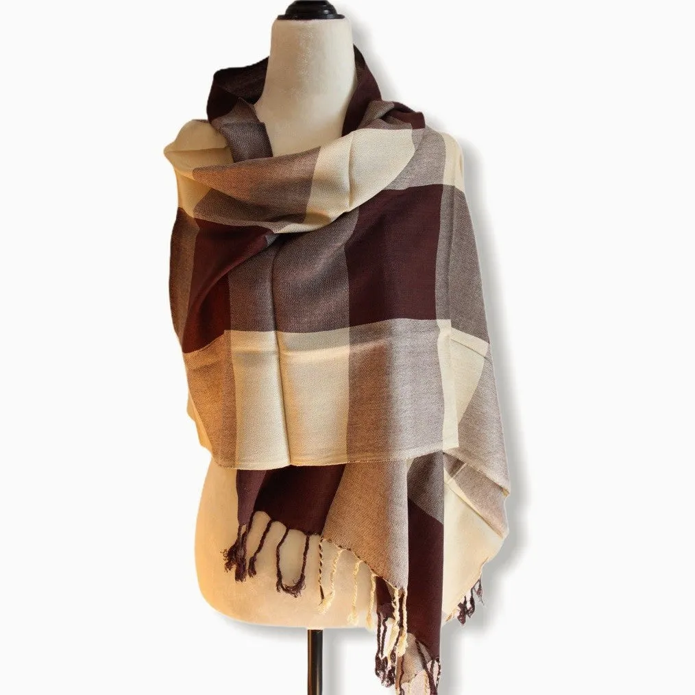 Plaid Handwoven Scarf - Beige & Brown