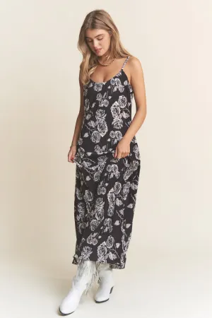 PLEATED VELVET BLACK FLORAL LONG TANK DRESS