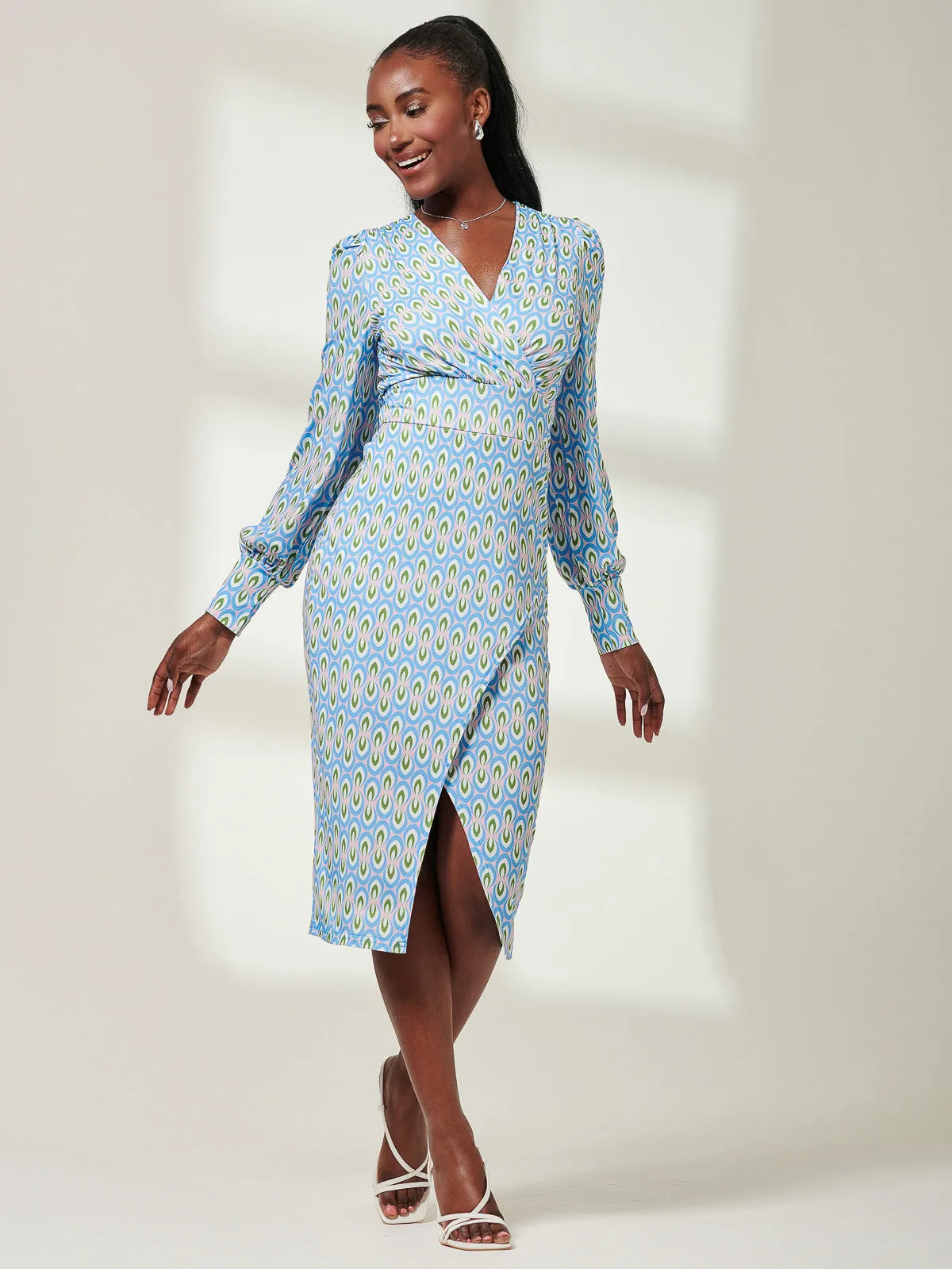 Print Long Sleeve Jersey Pencil Dress, Blue Geo