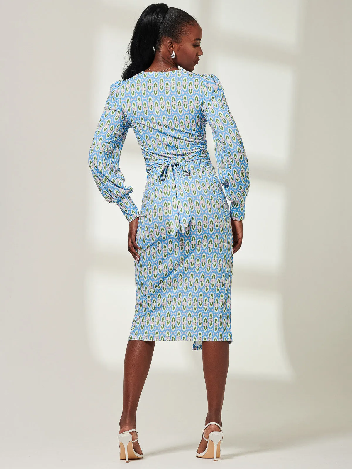 Print Long Sleeve Jersey Pencil Dress, Blue Geo