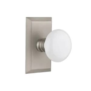 Studio Short Plate with White Porcelain Knob in Satin Nickel