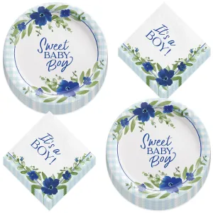 Sweet Baby In Bloom Blue Gingham & Floral Paper Plates and Napkins (Serves 16)