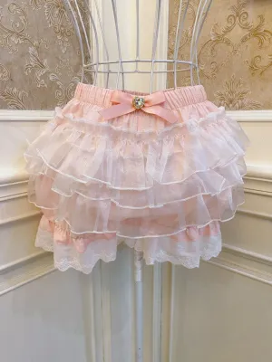 Sweetheart Princess Bow Layered Ruffled White Pink Gathered Short Skirt