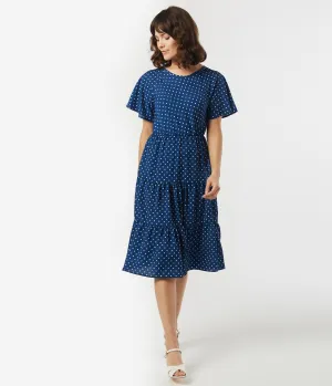 Vintage Style Navy & White Pin Dot Tiered Dress