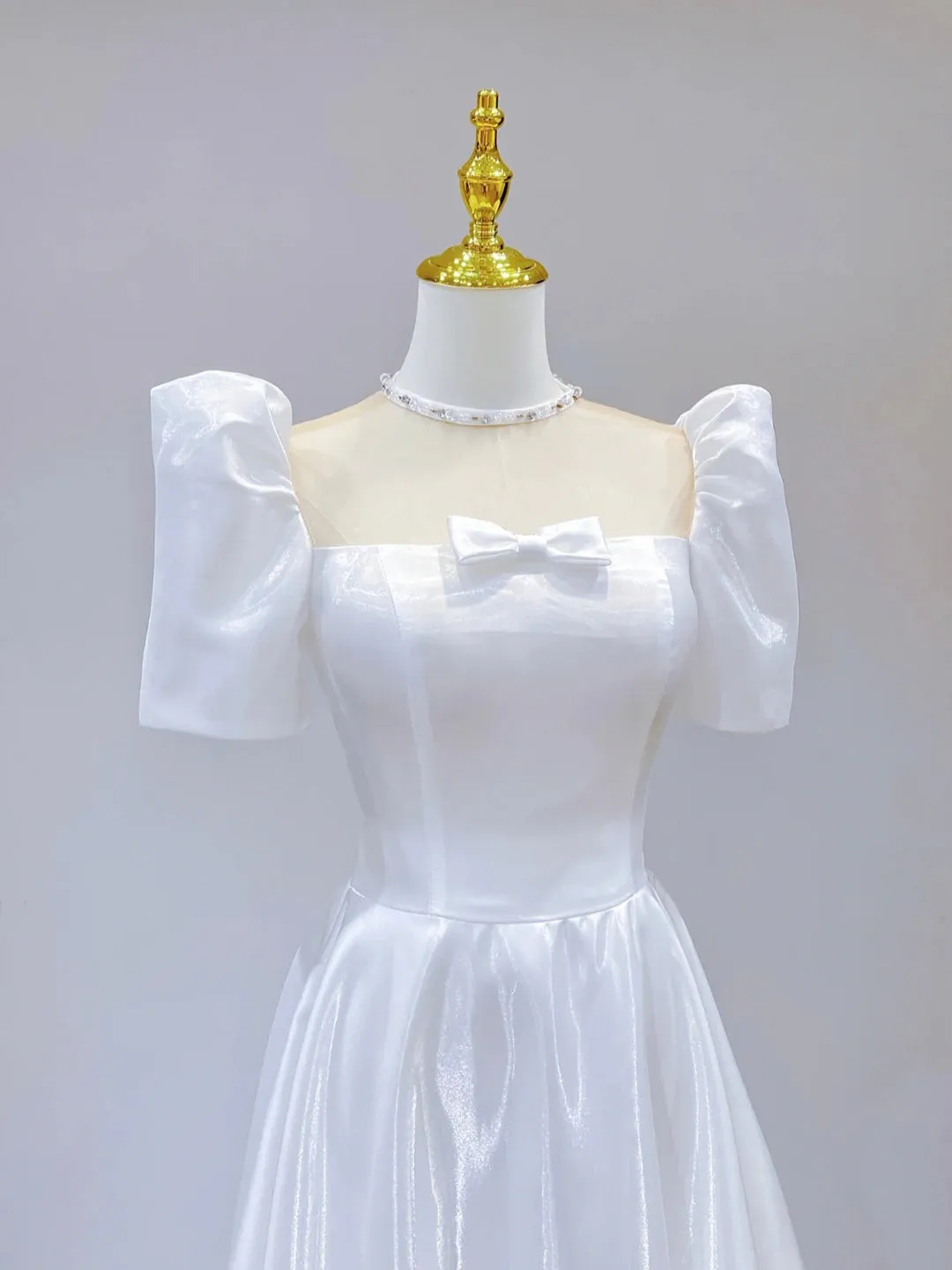 White Satin Short Sleeve Floor Length Prom Dress White A-Line Party Dress