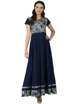 Women Navy Blue Cap Sleeve Cotton Anarkali Kurta With Printed Yoke