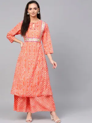 Women'S Peach-Coloured & Off-White Bandhani Print Kurta With Palazzos