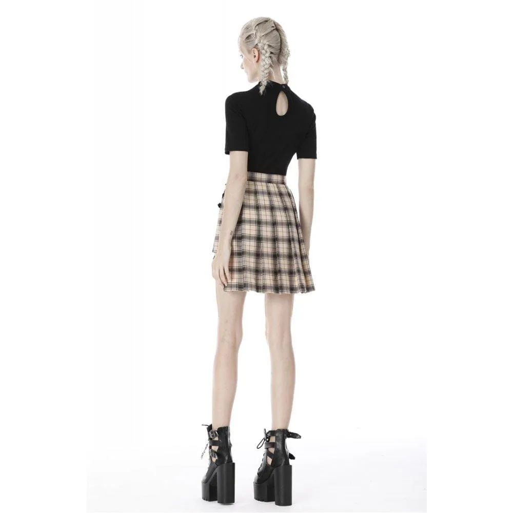 Women's Punk Checked Belts Plaid Pleated Short Skirts